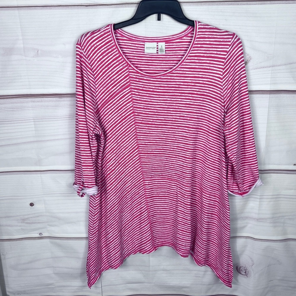 Chicos Zenergy Top Womens 3 XL Orange Striped Tunic Tab Sleeve Round Neck Jersey